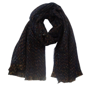 Close-up of navy blue knit scarf with colorful speckled yarn and thick tweed texture