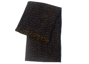 Detailed close-up of dark blue knit scarf with colorful space-dye speckled yarn textures