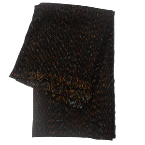 Close-up of black marled knit scarf with colorful flecks and precise stitched edges