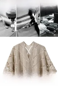 Détail du motif en tricot d'un châle beige ajouré en acrylique avec texture géométrique