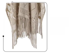 Détail d'un châle en maille ajourée avec motifs en losange et longues franges élégantes