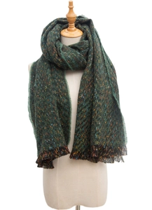 Detailed texture of dark green tweed scarf with multicolored fibers and fringe edge