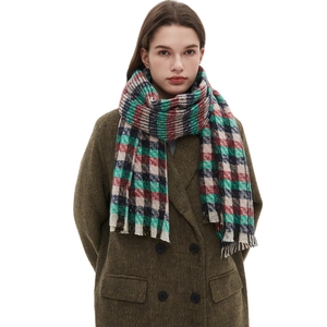Classic checkered plaid scarf with short fringe worn over a green winter wool coat