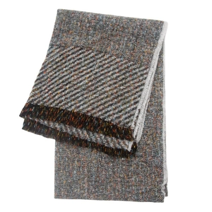 Close-up of grey tweed scarf featuring colorful fiber specks and short fringe edges