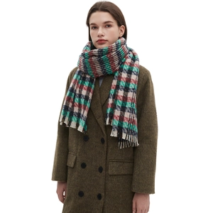 Classic colorful plaid woven scarf with fringe edges worn with a dark green coat