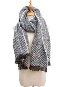 Detail of grey herringbone knit scarf with colored flecks and thick fringe trim