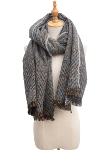 Close-up of thick multi-color knit scarf with frayed tassels and mottled grey texture