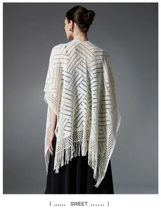 Détail d'un châle en maille blanche avec motifs géométriques ajourés et longues franges