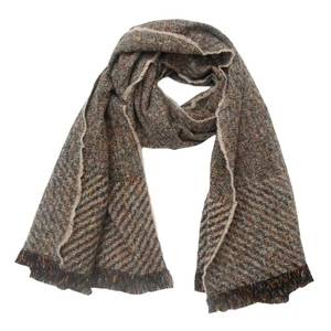 Detail of dark grey herringbone scarf with colored flecks and fine fringe texture