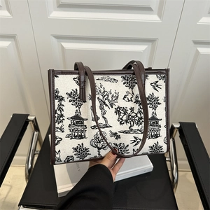 Vintage Chinese Style Landscape Print Canvas Tote Bag For Women Large Capacity Shoulder Bag With Synthetic Leather Trim