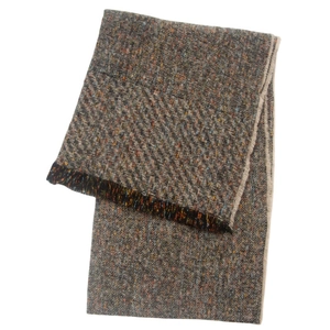 Close-up of charcoal tweed scarf featuring colorful threads and fringe tassels detail