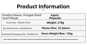 Detailed specifications table for the tassel plaid scarf showing size and polyester fabric