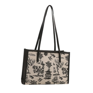 Borsa tote classica in tela crema con stampa Toile de Jouy nera e manici in pelle