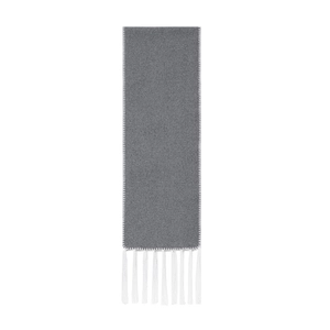 Detail of dark grey wool-like scarf with white fringe and precise edge stitching