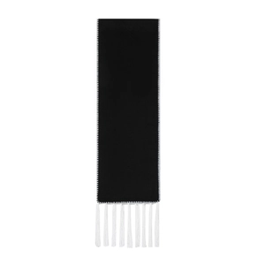Detail of black wool scarf with contrasting white stitch edges and long white tassels