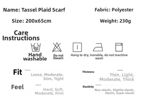 Detail size chart for plaid scarf with fringe, 200x65cm dimension and washing instructions