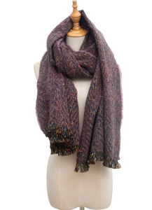 Macro detail of purple mixed knit scarf featuring multi-color fibers and short fringe trim
