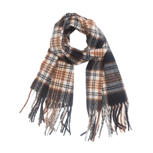 Detail view of thick checkered scarf featuring classic plaid patterns and soft long tassels