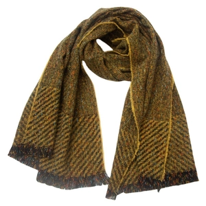 Detail of olive green herringbone weave pattern and mixed color fringe on a winter scarf
