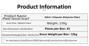 Detailed specifications for plaid fringe scarf made of polyester 200x65cm size and 230g weight