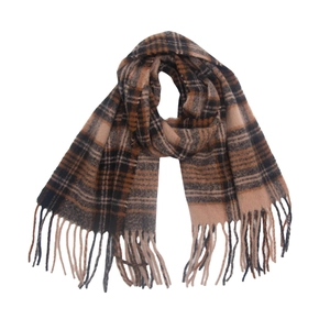 Detail of classic earth-tone plaid scarf with soft fringe edges and thick woven texture