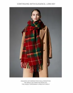 Close-up of red and green plaid scarf texture and thick tassels on a camel coat