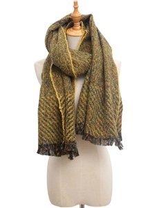 Detail of multi-color woven scarf with fringe edges and vintage tweed texture