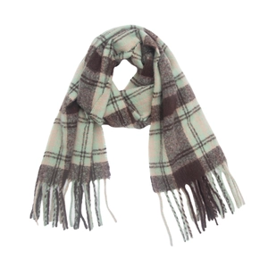 Detail of soft checkered scarf with fringe tassels in mint, brown, and coral tones