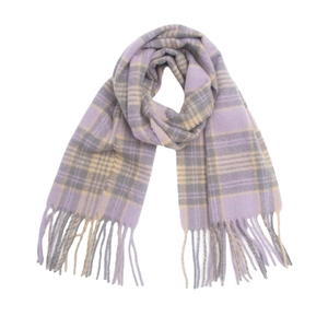 Thick oversized lavender plaid scarf with grey accents and long fringed edges for winter