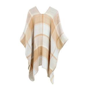 Close-up of classic check knit shawl featuring V-neckline and high-quality lockstitch edges