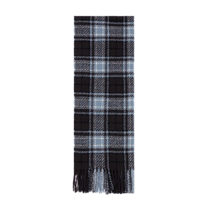 Classic dark brown plaid scarf with light blue stripes and soft fringe tassels