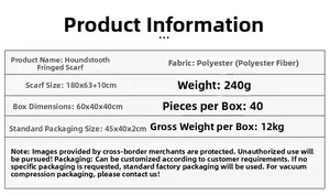 Specifications of houndstooth tassel scarf made of polyester, size 180x63cm and 240g weight