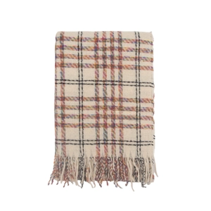 Detail of plaid scarf featuring multicolored tassels and high-quality woven texture