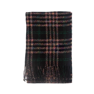 Close-up of multicolored plaid scarf with fringe tassels on a clean white background