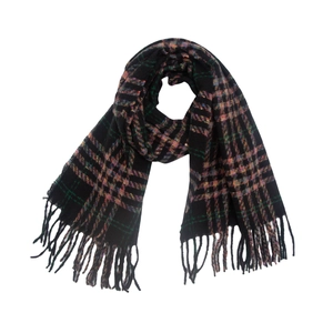 Close-up of classic black plaid scarf featuring multicolor stripes and long tassel details
