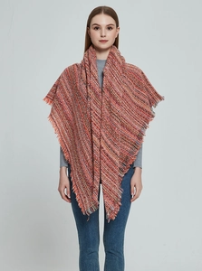 Close-up of multicolor plaid knit scarf with soft fringe edges for autumn and winter fashion