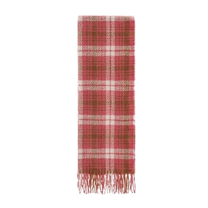 Detailed view of pink and brown plaid scarf featuring soft tassels and premium woven texture