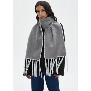 Gray double-sided wool scarf with contrast white fringe and blanket stitching for women