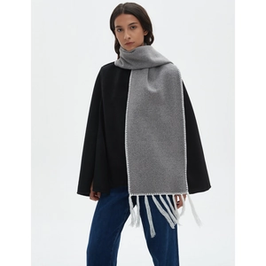 Grey double-sided scarf with white contrast stitching and tassels for winter