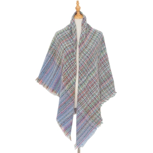 Detailed view of plaid triangular shawl with colorful weave and fringe edges