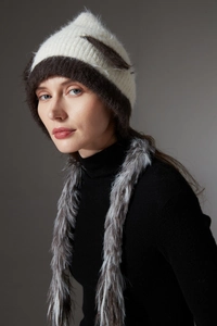 Detail of the knit hat with plush cat ears and matching faux fur long scarf set