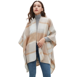 Women Imitation Cashmere Plaid Shawl Poncho Open Front Split Cape Warm Winter Elegant Checkered Warp Knitted Wrap
