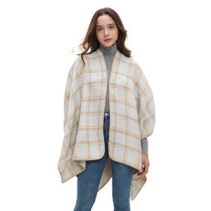 Women's autumn winter reversible plaid shawl wrap with cashmere feel and open front design
