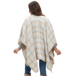 Women's faux cashmere plaid shawl poncho in cream and brown from a back view