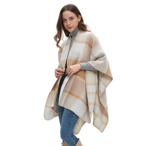 Women's plaid cashmere-like open knit poncho wrap with elegant beige and blue patterns
