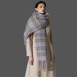 Thick autumn winter oversized plaid scarf with purple grey patterns and long tassels