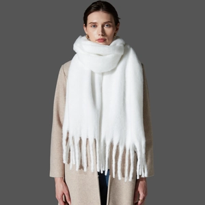 Extra Long Scarf Thick Knit Mohair Feel Fluffy Tassel Shawl Winter Warm Fashion Solid Color For Women