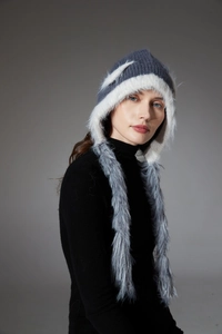 Detail of plush grey and white cat ear balaclava showing soft faux mink fur texture