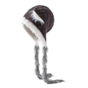 Winter cat ear knit hat with faux mink fur trim and long plush tassels in dark brown