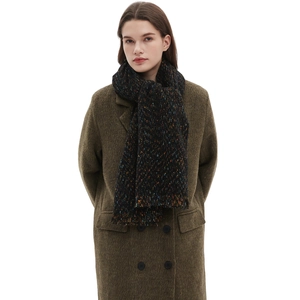 Women's 2025 winter knit scarf with colorful flecks styled on a wool blend pea coat